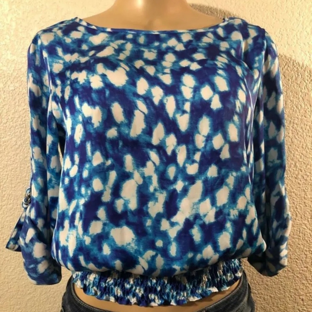Michael Kors Biat neckline Women Sz XS Blouse 3/4 Sleeve Dyed pattern Blueish